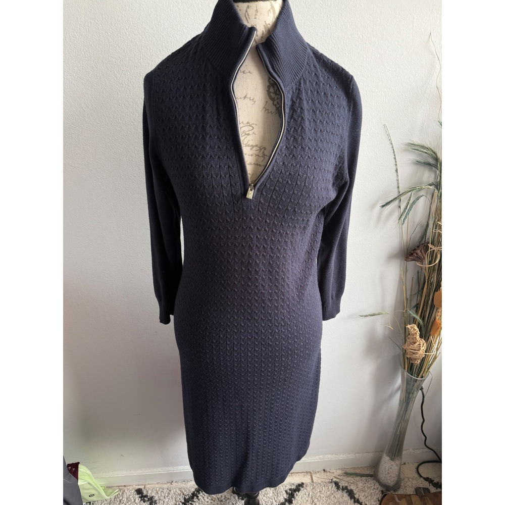 Tommy Bahama‎ Womens Navy Blue Textured Knit Quarter Zip Sweater Dress Size M